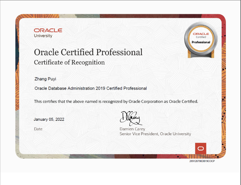 文档中提供的 Oracle Certified Professional 证书样张
